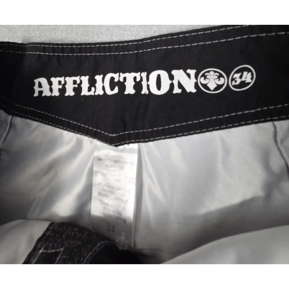 Affliction‎ THUNDERFOOT Boardshorts Swim Trunks 34 Black Tie Waist Gothic Grunge